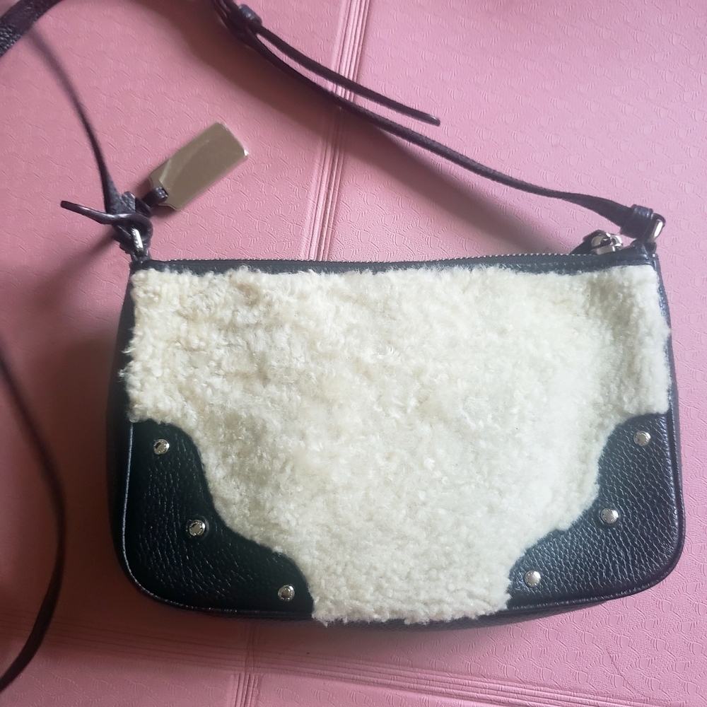 Coach Small Rhyder Pochette Shearling Crossbody Bag Wool Pebbled Leather - Picture 3 of 12